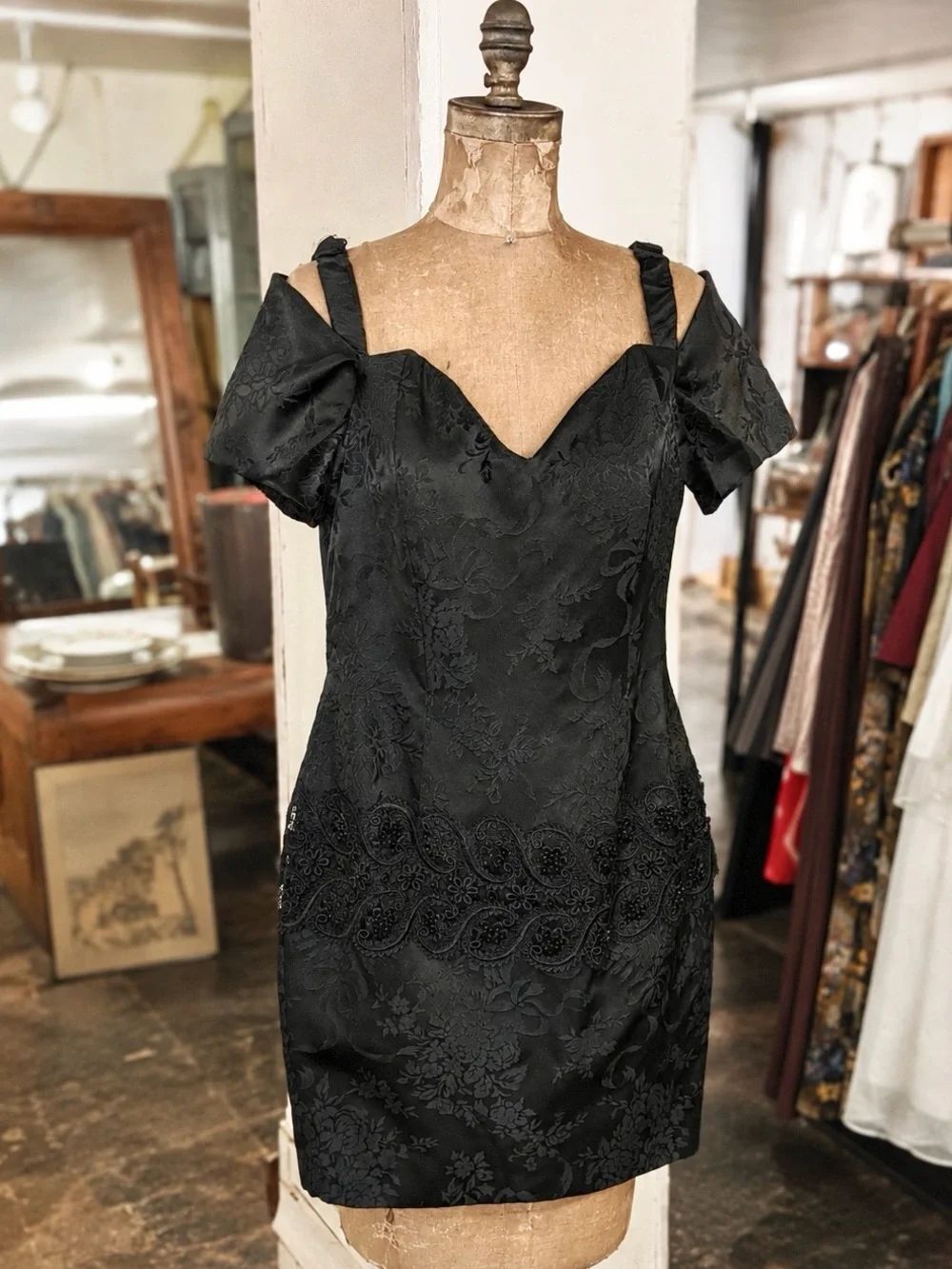 Vintage USA 1990s Scott McClintock Black Jacquard Off Shoulder Cocktail Dress 10